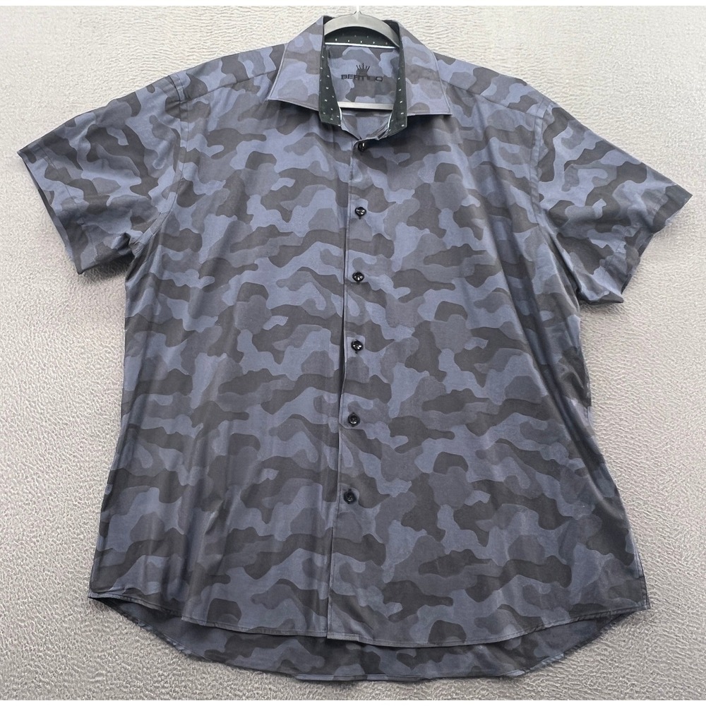 Bertigo Shirt Mens XL Blue Grey Camouflage Cotton Short Sleeve Button Down